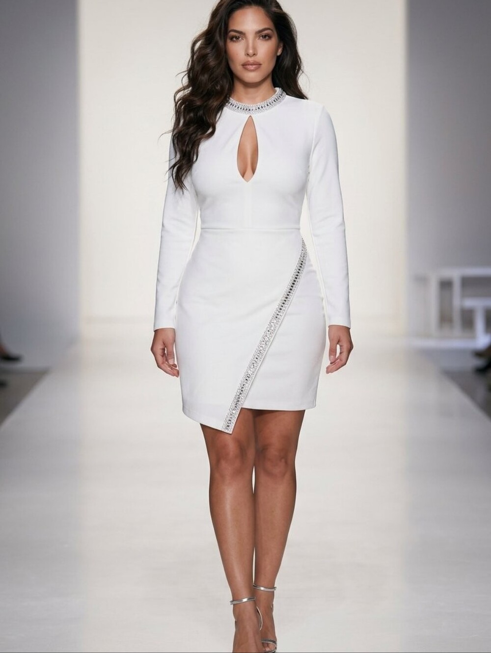 Guess White Long-Sleeve Mini Dress with Keyhole and Embellished Trim